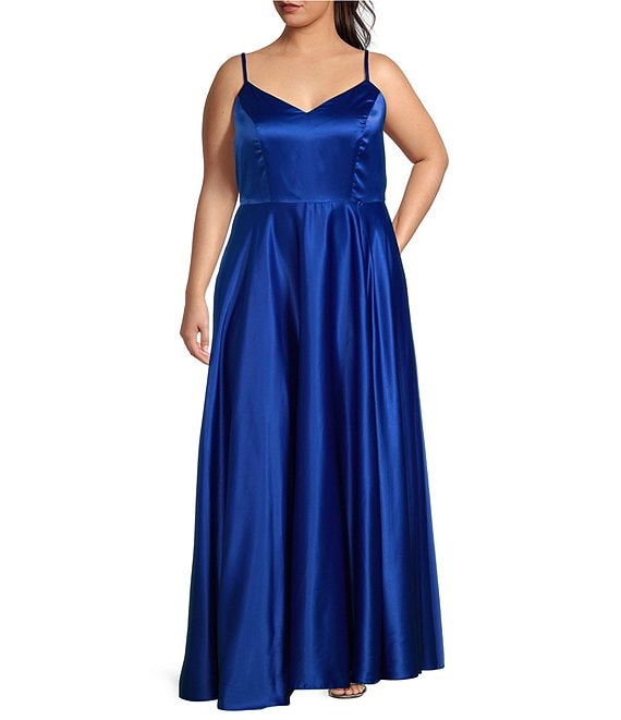 B. Darlin Plus Sleeveless Spaghetti Strap V-Neckline Charmeuse Long Gown