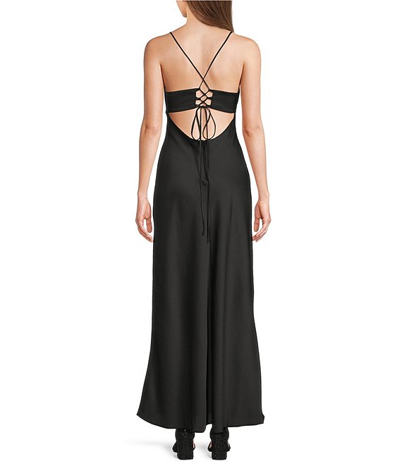 b darlin satin lace up dress navy B. Darlin Satin Drape Neck Spaghetti Strap Lace Up Back Dress, Womens, Juniors, 15, Navy Kiss