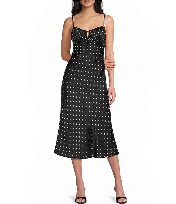 B. Darlin Satin Polka Dot Scoop Neck Tie Front Midi Dress