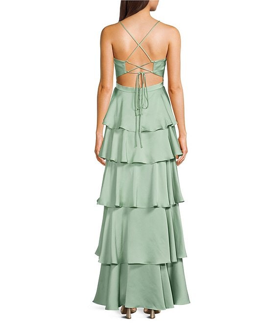 b darlin green dress B. Satin V-Neck Tiered Ruffle Long rococo gown
