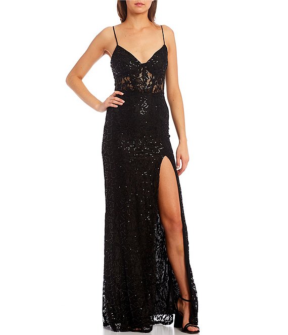 Color:Black/Black - Image 1 - Sleeveless Sequin-Embellished Illusion-Lace High Slit Long Dress