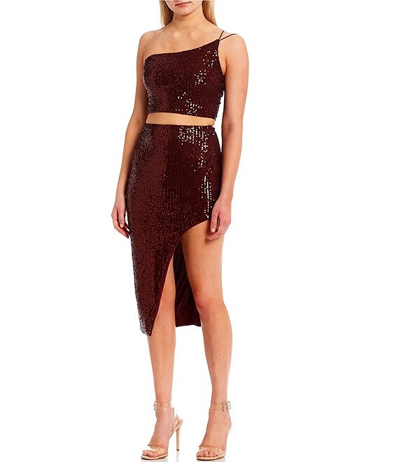 Color:Copper - Image 1 - One Shoulder Ribbed Sequin-Embellished Asymmetrical Midi Two-Piece Dress