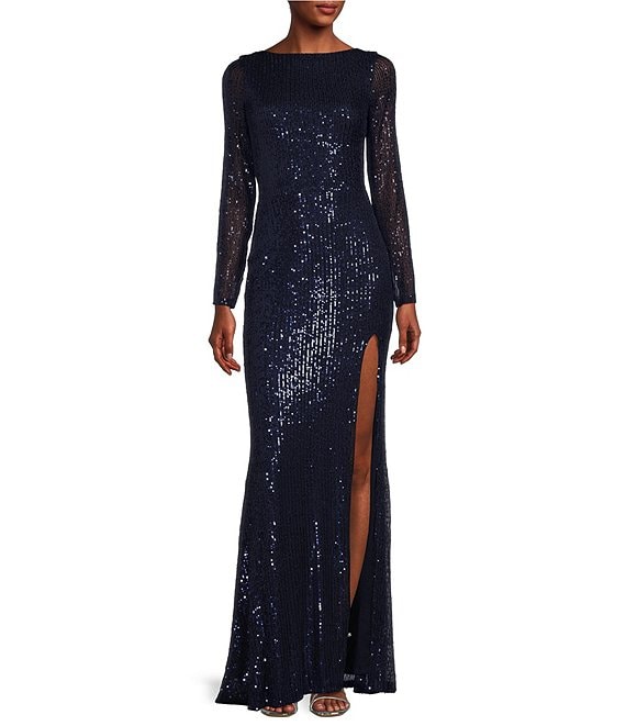 B. Darlin Sequin Long Sleeve Front Slit Drape Back Long Dress | Dillard's