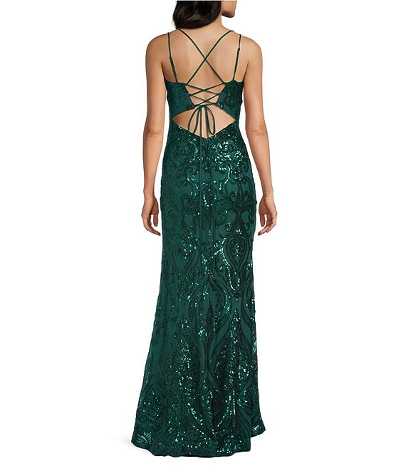AROMABRENDBAR ダージリン B. Darlin Sequin Pattern V-Neck Double Spaghetti Strap Lace Up