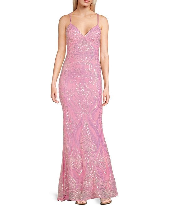 B. Darlin Sequin Pattern V-Neck Double Spaghetti Strap Lace B. Darlin Sequin Pattern V-Neck Double Spaghetti Strap Lace
