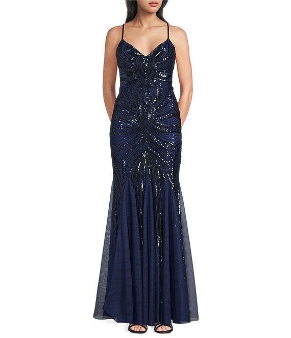 B. Darlin Sequin Sheer/Nude Pattern V-Neck Spaghetti Strap Lace Up Back Dress