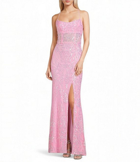 B. Darlin Sequin Patterned Scoop Neck Illusion Bodice Side Slit Lace Up Back Dress