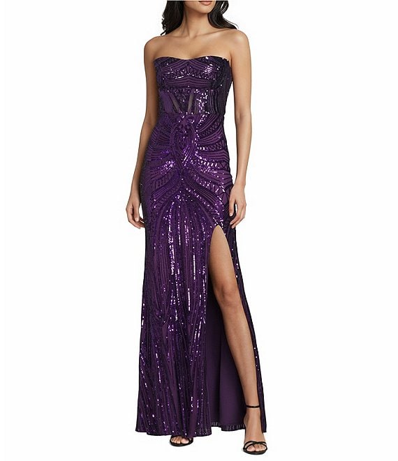 B. Darlin Sequin Patterned Strapless Corseted Lace Up Back Side Slit Dress