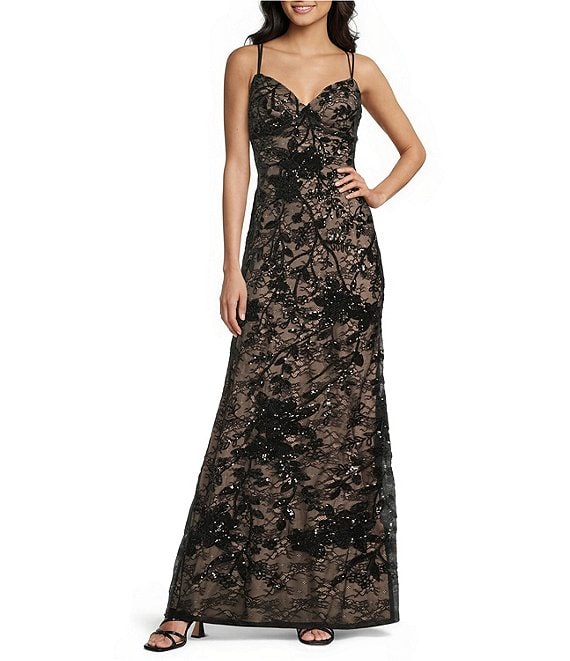 B. Darlin Sequined Lace V-Neck Lace Up Back Dress