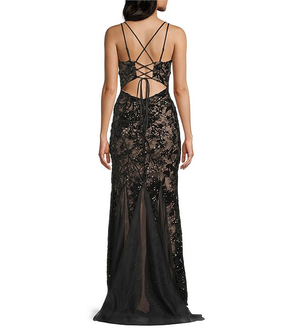 b darlin black sequin dress B. Sequined Lace V-Neck Lace Up Back Item:Dress + Brooch