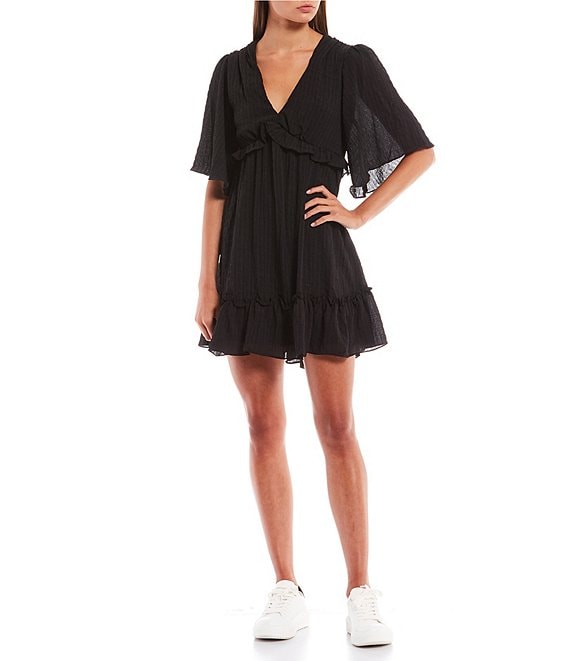 Color:Black - Image 1 - Short Sleeve V-Neck Ruffle Baby Doll Dress