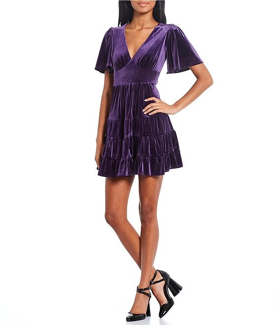 Color:Eggplant - Image 1 - Short-Sleeve V-Neck Tiered Skirt Velvet Fit-And-Flare Dress