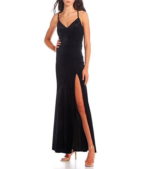 Color:Black/Black - Image 1 - Sleeveless V-Neck Lace-Bralette-Back Slit Hem Velvet Long Dress