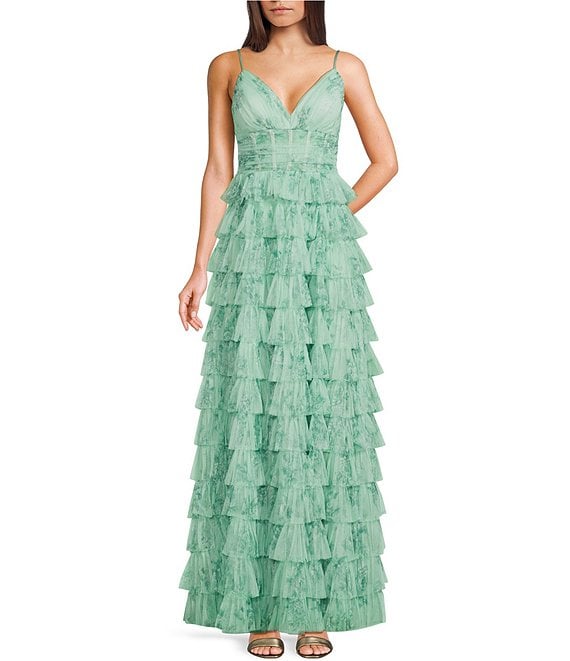 B. Darlin Sleeveless Floral Printed Mesh V-Neck Ruffle Ballgown, Sage/Olive - Image 1