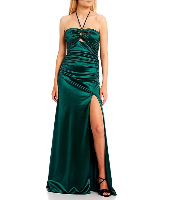 Color:Hunter - Image 1 - Sleeveless Satin Y-Neck Swimsuit-Top Ruched Slit Hem Cut-Out Ballgown