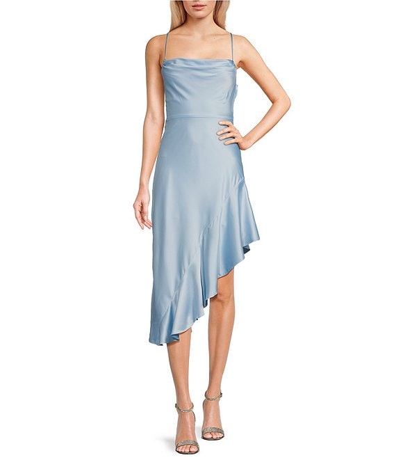 B. Darlin Spaghetti Strap Cowl Neck Bias Cut Lace Up Back Midi Ruffle Hem  Dress | Dillard's