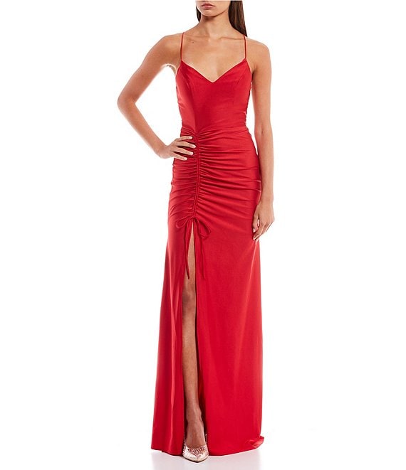 Color:Tomato Red - Image 1 - Spaghetti Strap V-Neck X-Back Cinched Side-Tie Slit Hem Shiny Knit Long Dress
