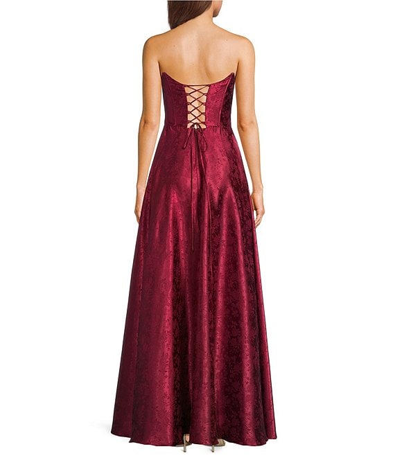 b darlin burgundy dress B. Darlin Strapless Sweetheart Neck Corseted Faux Wrap Long Prom Dress, Womens, 5, Wine
