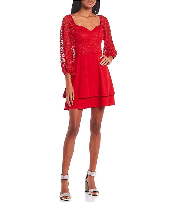 Color:Red - Image 1 - Sweetheart Neck Long Sleeve Lace Bodice Double Hem Fit-And-Flare Dress