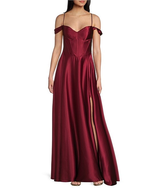 Polyester Off-the-shoulder Burgundy Evening Dress With Slit