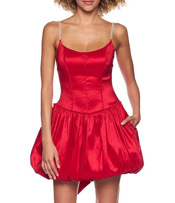 B. Darlin Taffeta Scoop Neck Bustier Rhinestone Strap Drop Waist Bubble Bow Back Dress