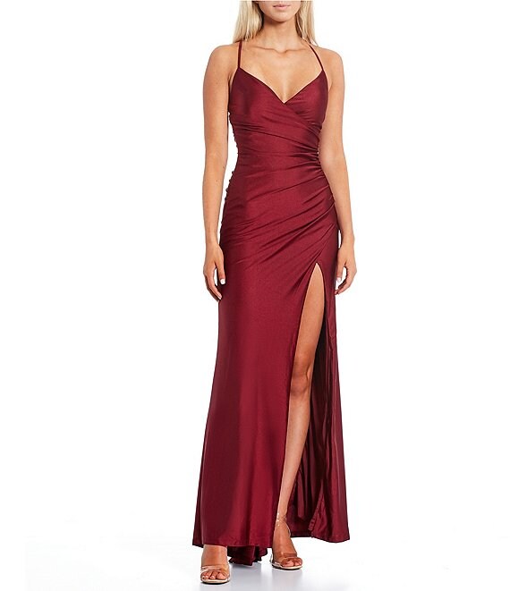 B. Darlin V-Neck Lace-Up Back Front Slit Shirred Long Dress | Dillard's