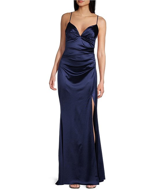 B. Darlin V-Neck Shirred Front Slit Long Satin Dress | Dillard's