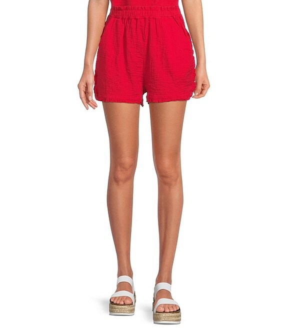 B.O.G. Collective Simple Dream Textured Double Cotton Gauze High Waist Ruffle Trim Hem Pull-On Coordinating Shorts