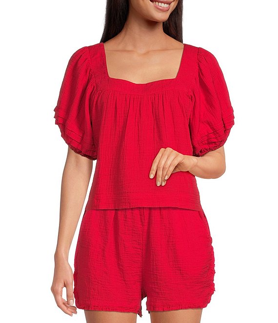 Color:Strawberry - Image 1 - B.O.G. Collective Wild World Cotton Textured Gauze Square Neck Short Flutter Sleeve Cropped Coordinating Top