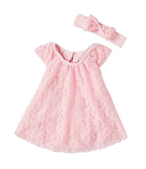 Baby Starters Baby Girls 3-9 Months Flutter-Sleeve Lace Trapeze Dress ...
