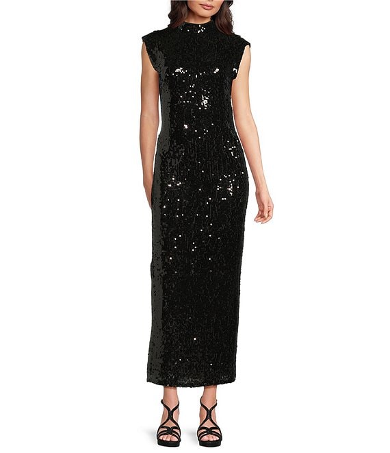 Badgley Mischka Ella Sequin Mock Neck Cap Sleeve Maxi Dress, Black - Image 1