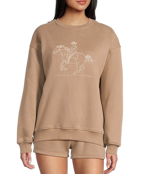 Bailey Rose Western Horse Print Pullover Crew Neck Sweatshirt, Mocha - Image 1