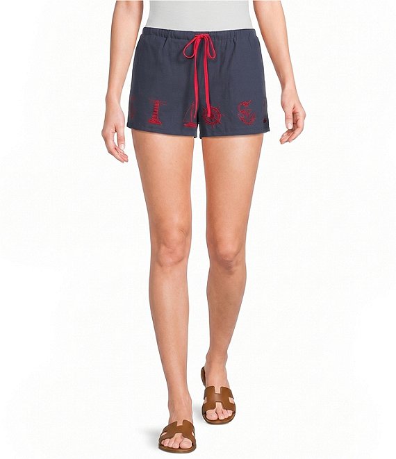 Bailey Rose Nantucket Mid Rise Drawstring Embroidered Hem Coordinating Shorts