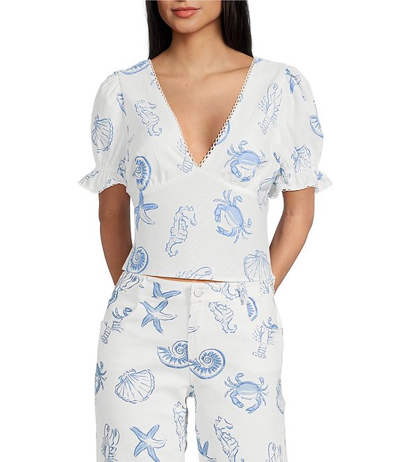 Bailey Rose Seashell Print V-Neck Coordinating Short Sleeve Top