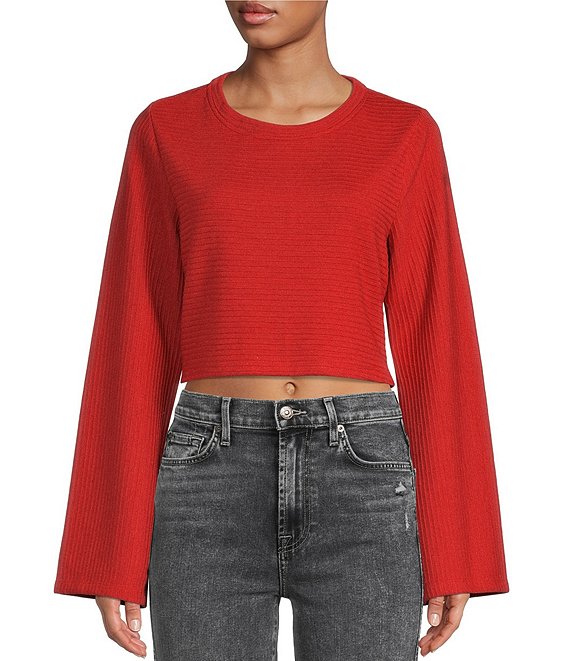 Color:Rust - Image 1 - Alize Ribbed Knit Crew Neck Long Bell Sleeve Cropped Boxy Top