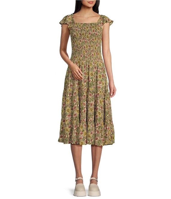 Color:Olive/Mauve - Image 1 - Summer of Love Floral Print Square Neck Short Sleeve Midi Dress