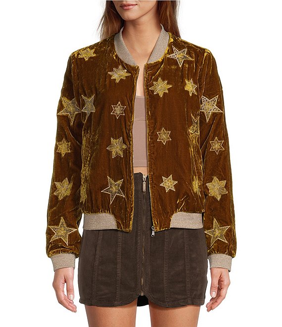 Color:Gold - Image 1 - Velvet Crew Neck Long Sleeve Embroidered Star Bomber Jacket