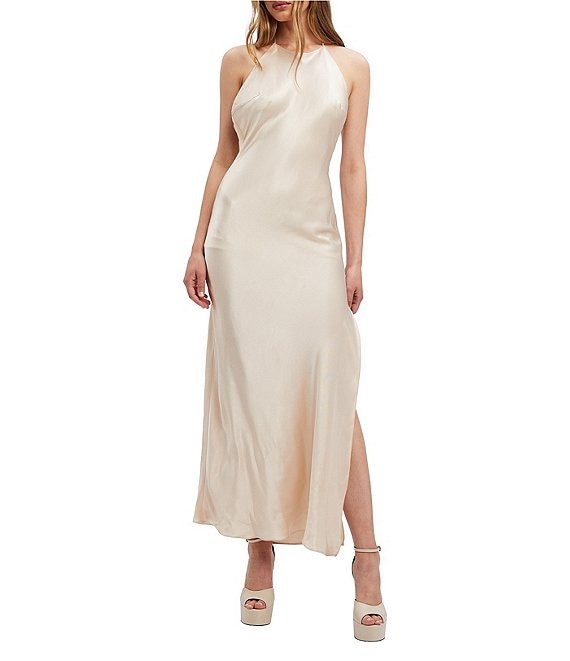 Color:Champagne - Image 1 - Boston Halter Neck Sleeveless Satin Slip Maxi Dress