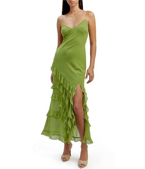 Bardot Chiffon V Neck Sleeveless Tie Strap Asymmetrical Ruffle Tiered Midi Dress