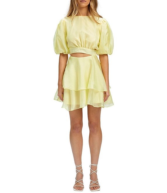 Bardot Enya Puff Sleeve Asymmetrical Cutout Two-Tiered Organza Mini ...