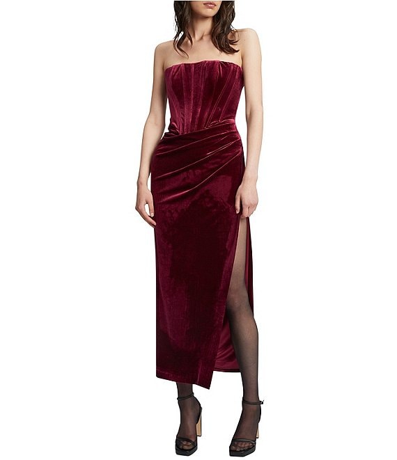Color:Burgundy - Image 1 - Everlasting Velour Strapless Corset Bodice Wrap Midi Dress