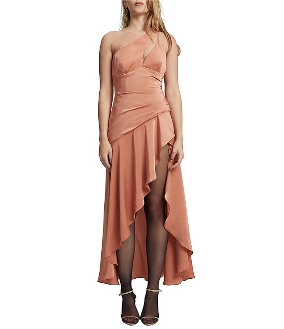 Color:Burnt Rose - Image 1 - Faye One Shoulder Sleeveless Front Cut-Out Asymmetrical Hemline Maxi Dress