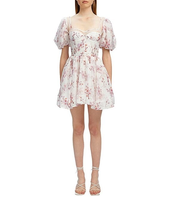 Color:Blossom - Image 1 - Gracious Floral Print Sweetheart Neck Short Puffed Sleeve A-Line Mini Dress