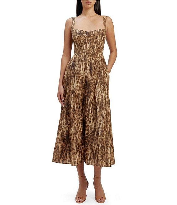 Bardot Lilah Leopard Sweetheart Neck Corset Sleeveless Midi Dress