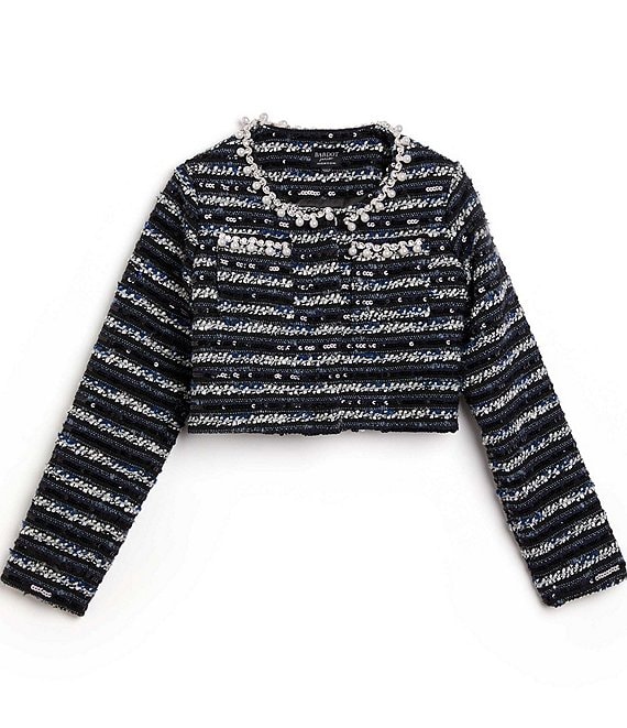 Bardot Little/Big Girls Long-Sleeve Lana Sequin-Embellished Boucle Jacket, Navy/Black - Image 1