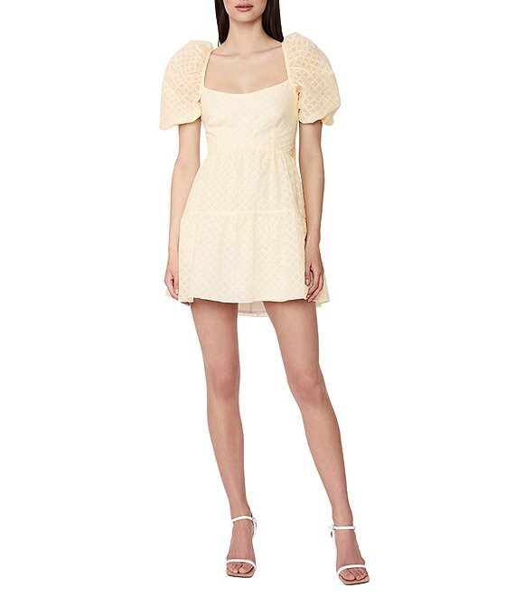 Color:Soft Yellow - Image 1 - Lucy Yellow Hued Geometric Print Cotton Square Neck Short Puffed Sleeve Bow Back Detail Tiered Mini Dress