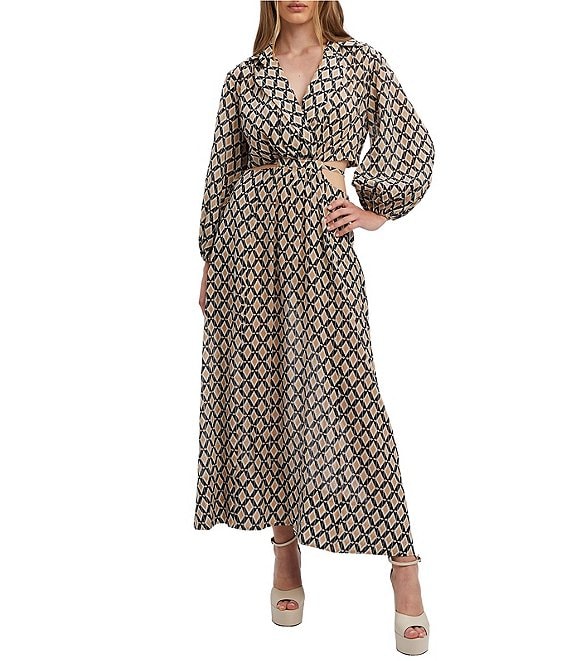 Bardot Stevie Diamond Print V-Neck Long Sleeve Side Cut-Out Midi Dress ...