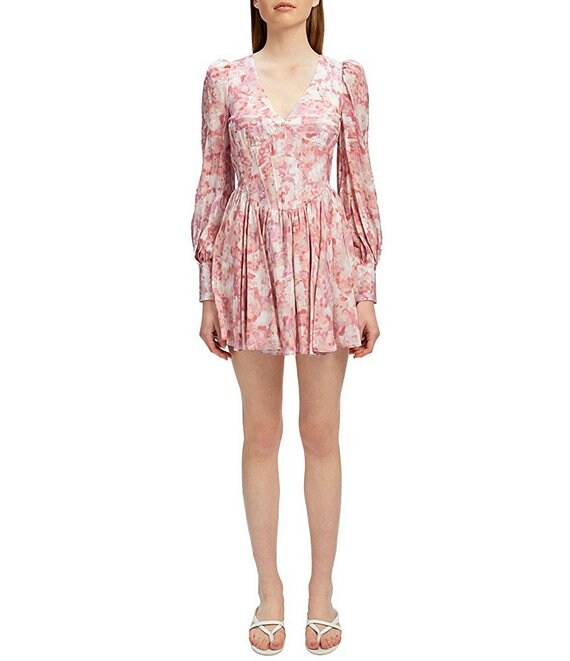 Bardot Zelina Rose Floral Print V-Neck Long Blouson Sleeve Mini Dress ...