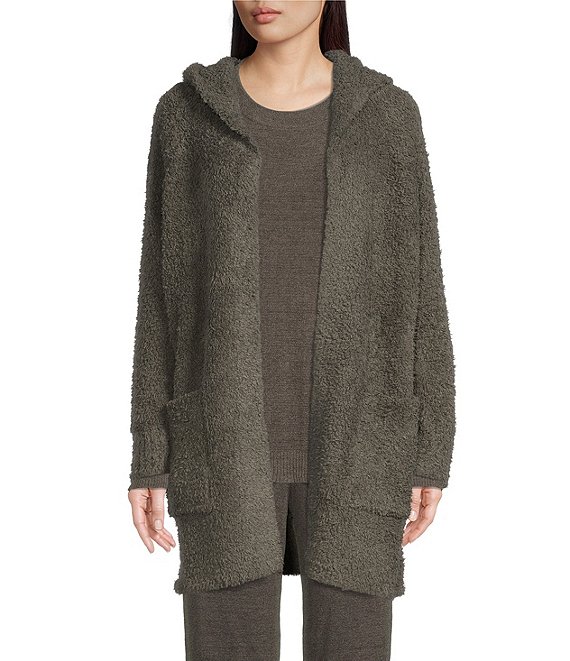 Color:Olive Branch - Image 1 - CozyChic Boucle Hooded Patch Pocket Long Coatigan