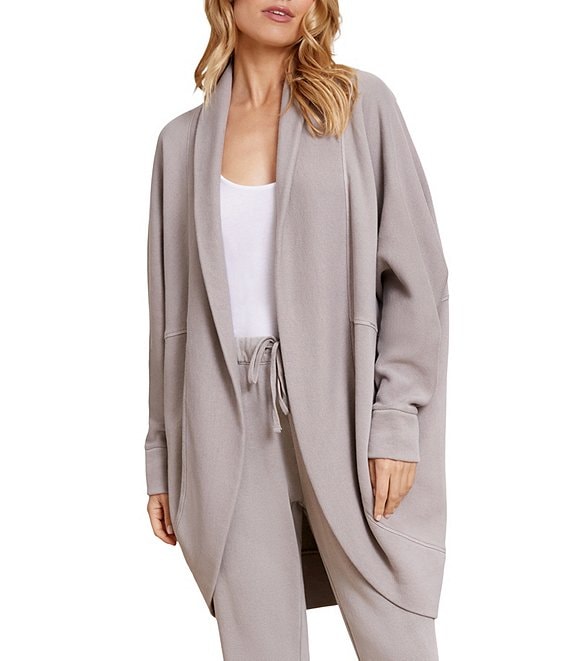 Color:Beach Rock - Image 1 - Solid Brushed Terry Wide Shawl Collar Long Dolman Sleeve Oversized Circle Cardigan